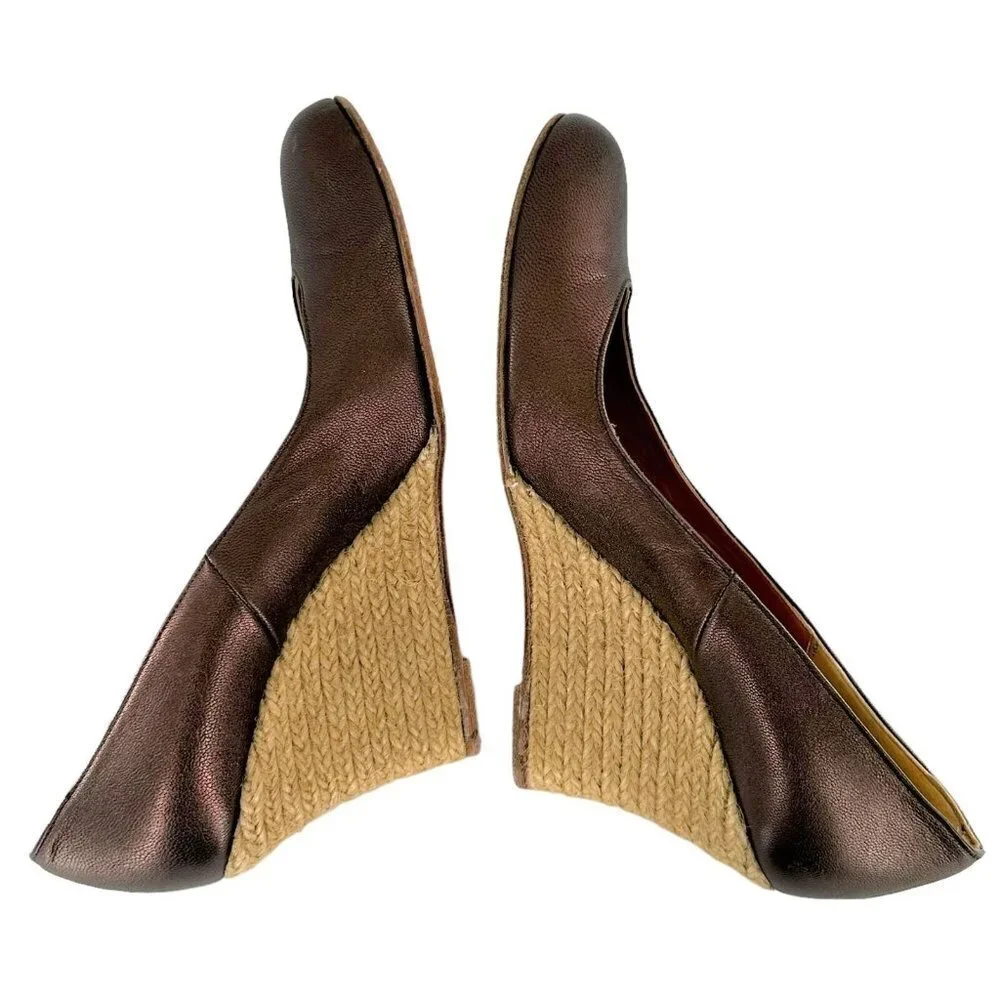 LANVIN Bronze Metallic Brown Leather Espadrille Wedge Heels Size 39